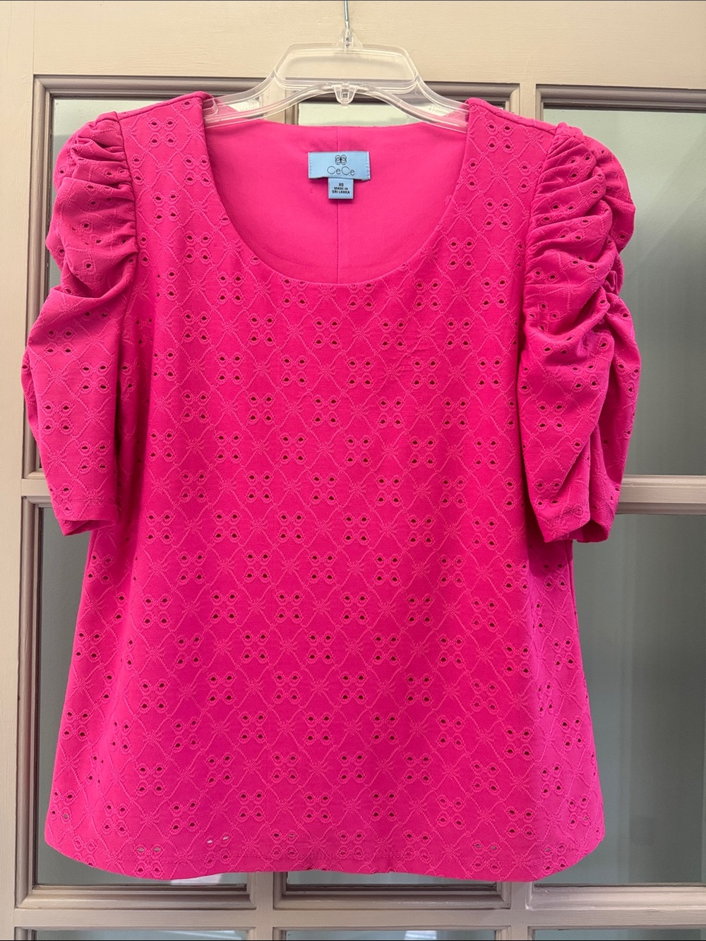 CeCe Hot Pink Eyelet Puff-Sleeve Blouse fully lined